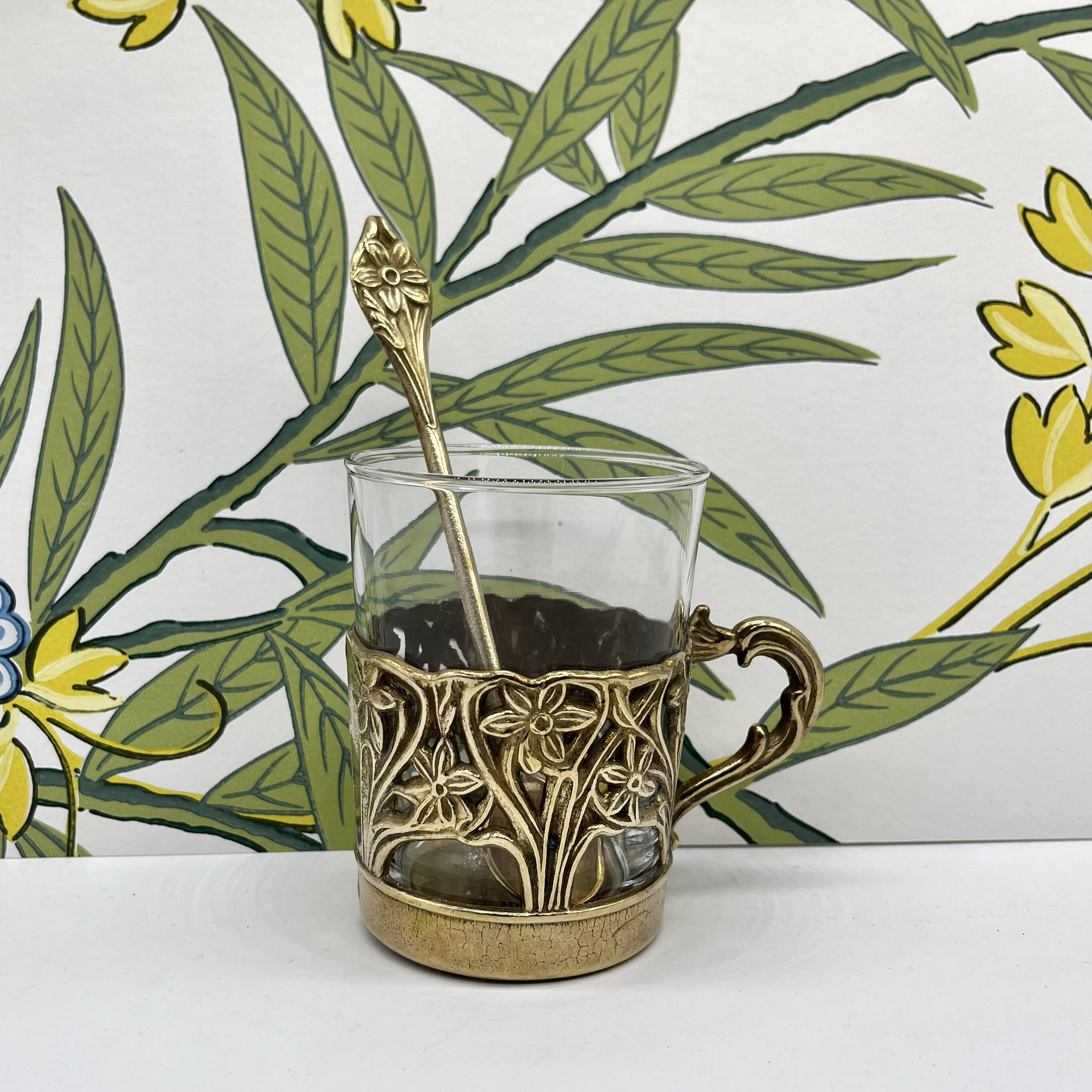 Solid brass teacup and spoon with Art Nouveau flower decor
