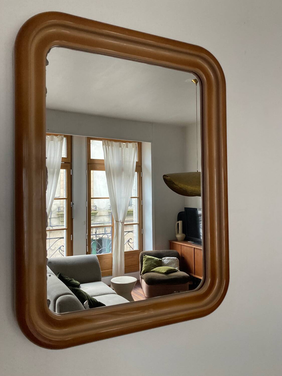 Miroir vintage années 70 rectangulaire camel/rose poudre