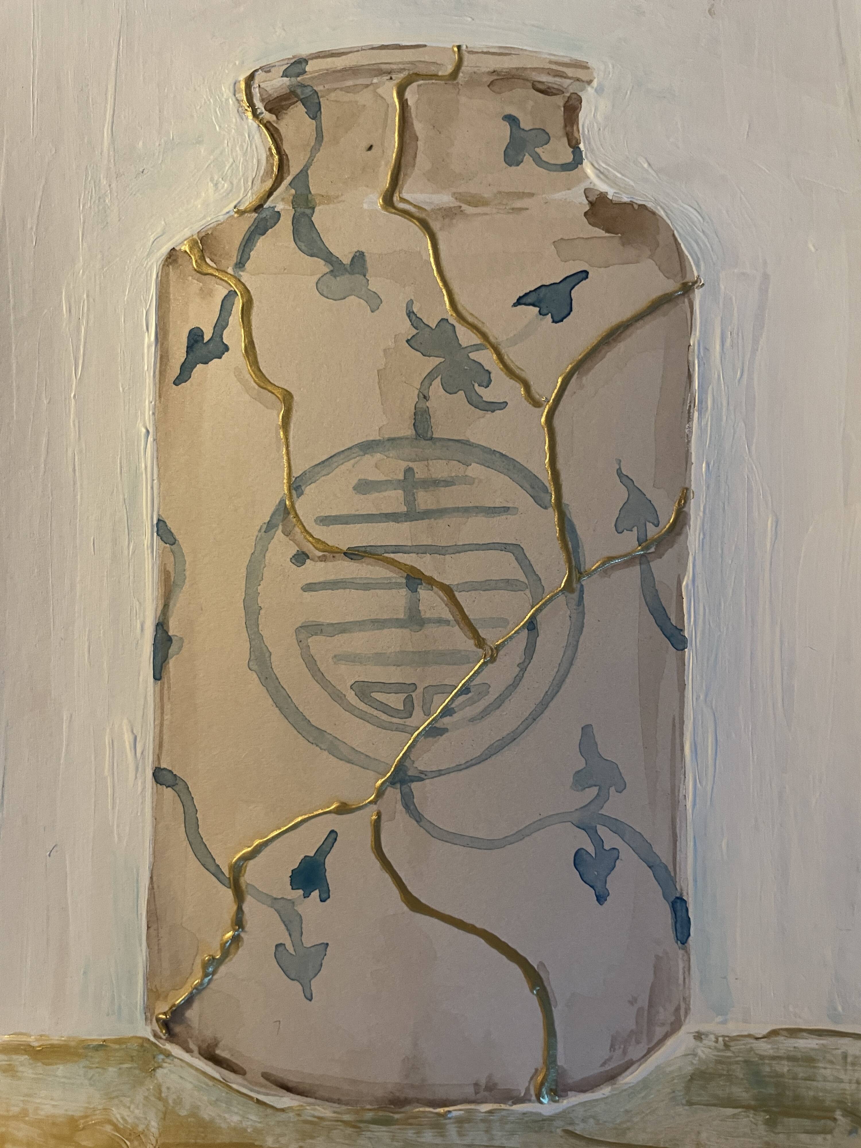 Painting signed “Japanese Kintsugi vase” mixed media + iridescent gold