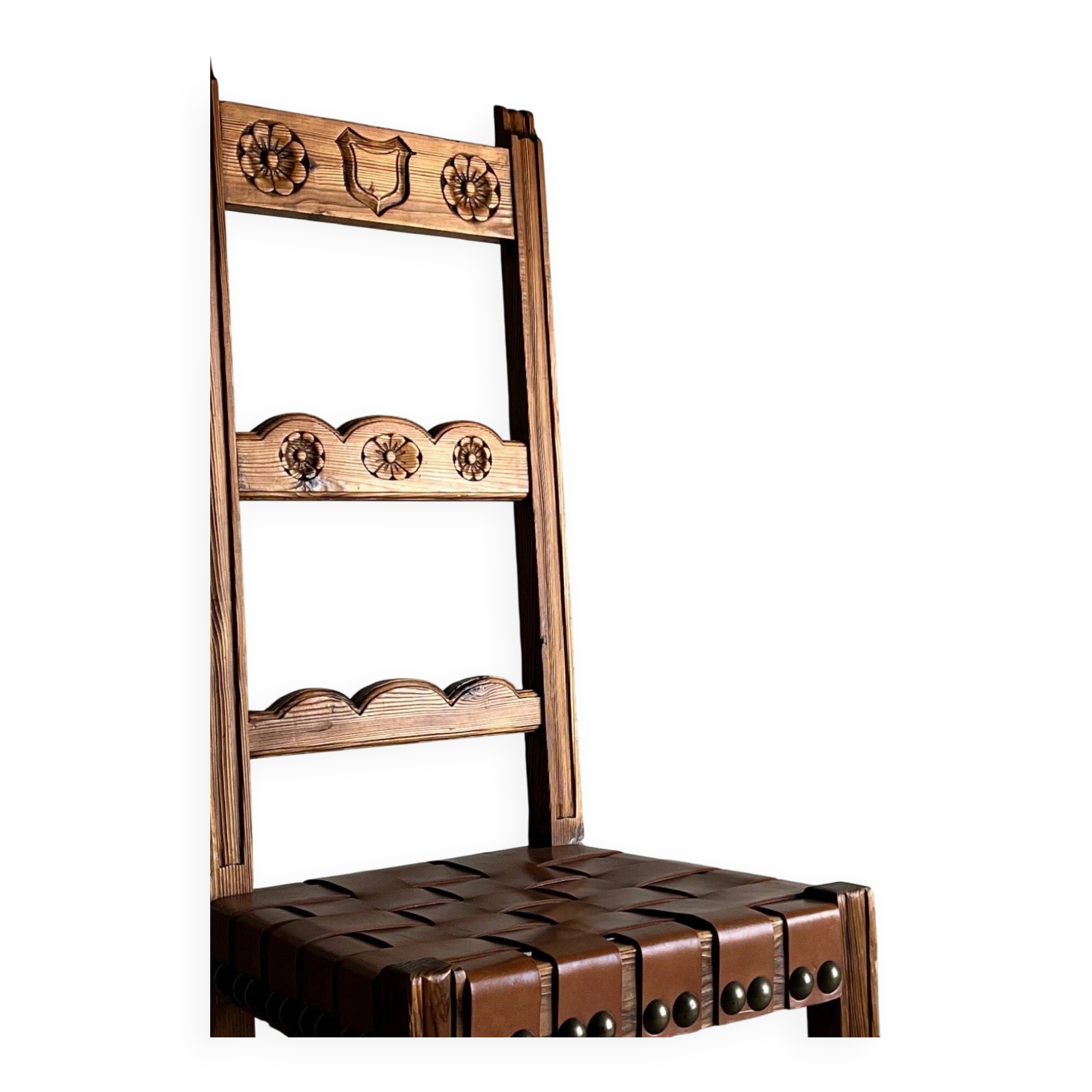 2 brutalist carved wood dining chairs with leather seat | The Netherlands | 1970s