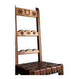 2 brutalist carved wood dining chairs with leather seat | The Netherlands | 1970s