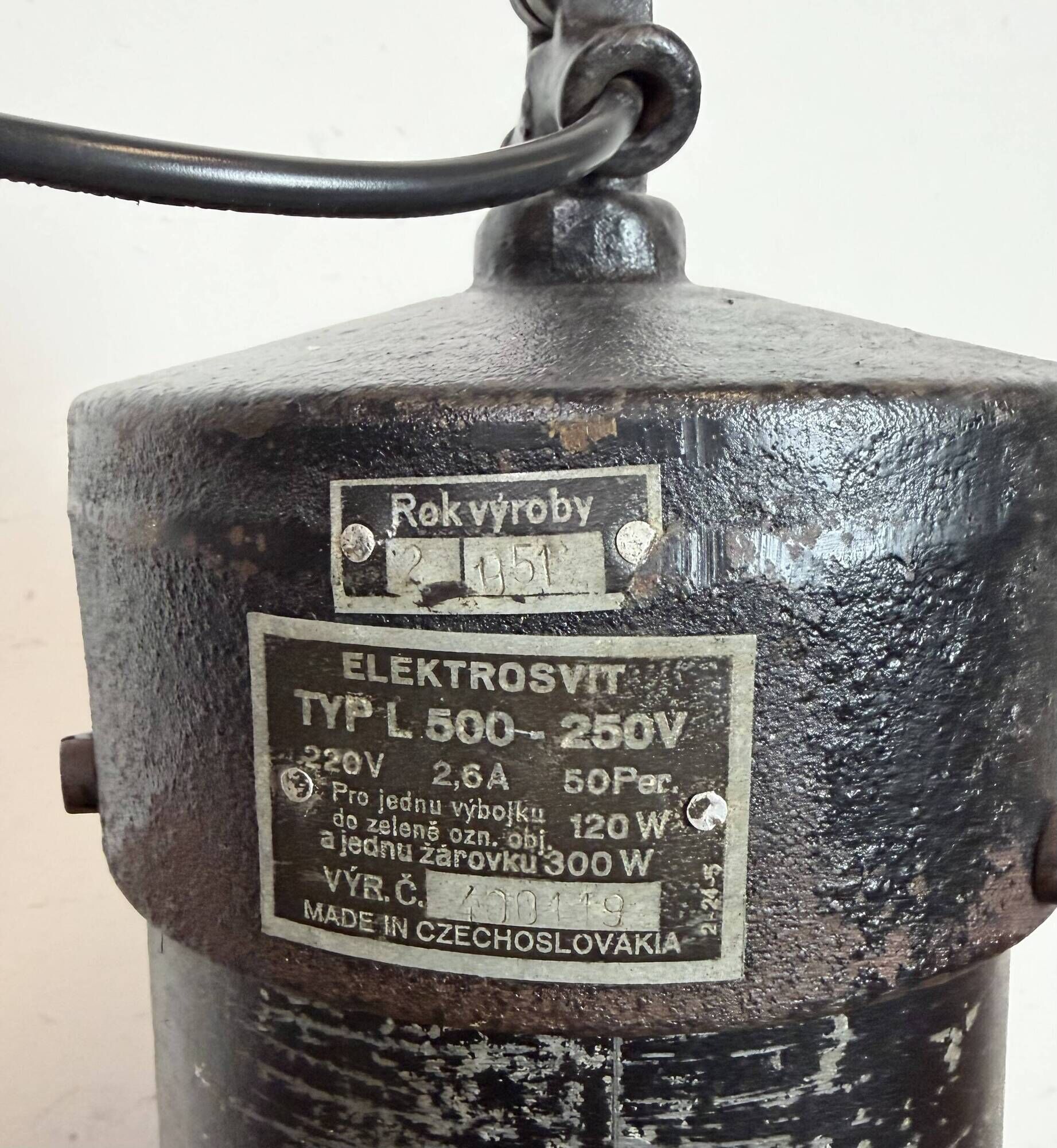 Large Industrial Factory Black Pendant Lamp with Cast Iron Top, 1950s