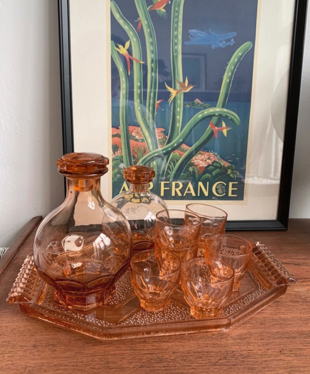 Vintage pink glass liqueur set