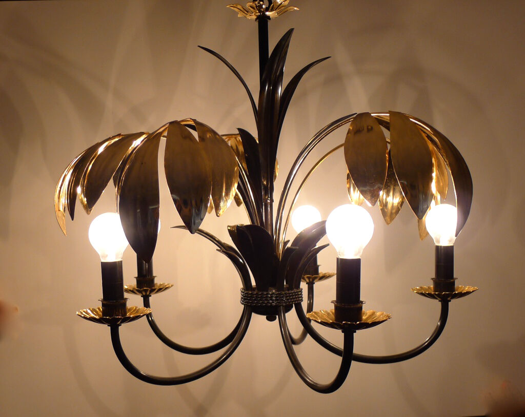 Chandelier 5 branches and palm leaves gold
