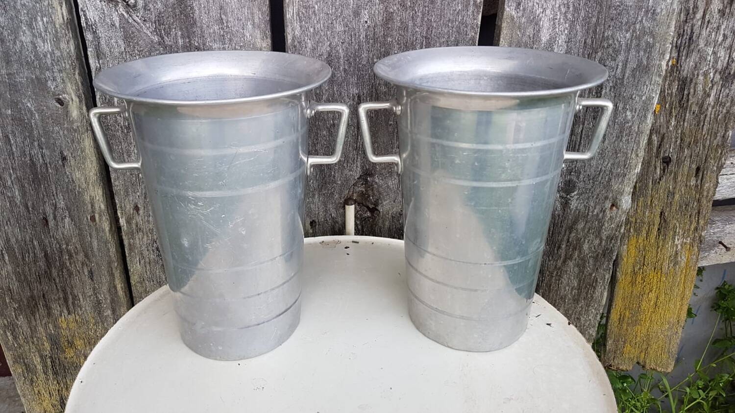Old pair of aluminum champagne buckets vintage kitchen utensil #a682