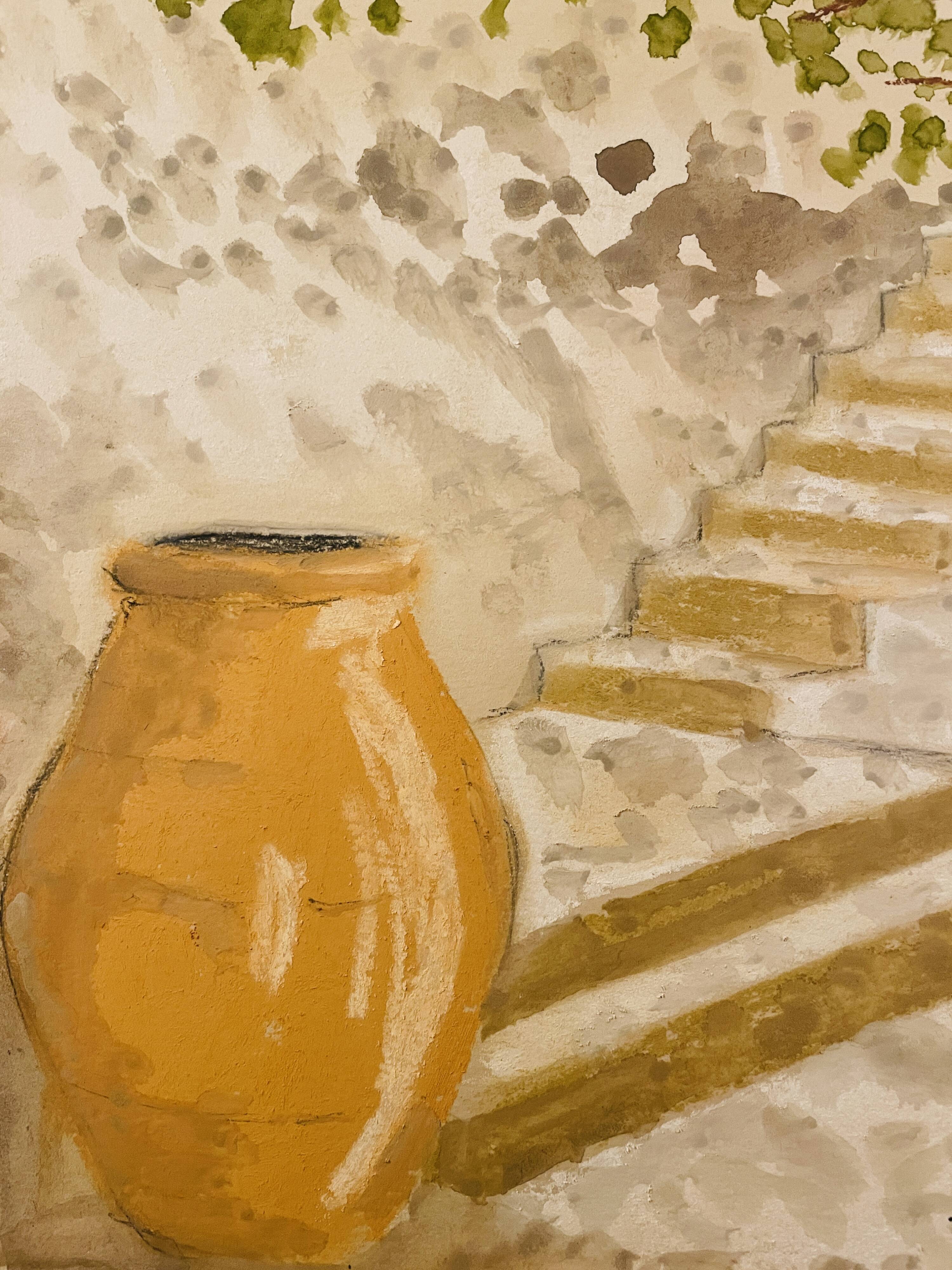 Signed pastel and watercolor painting of a Provençal landscape "the staircase"