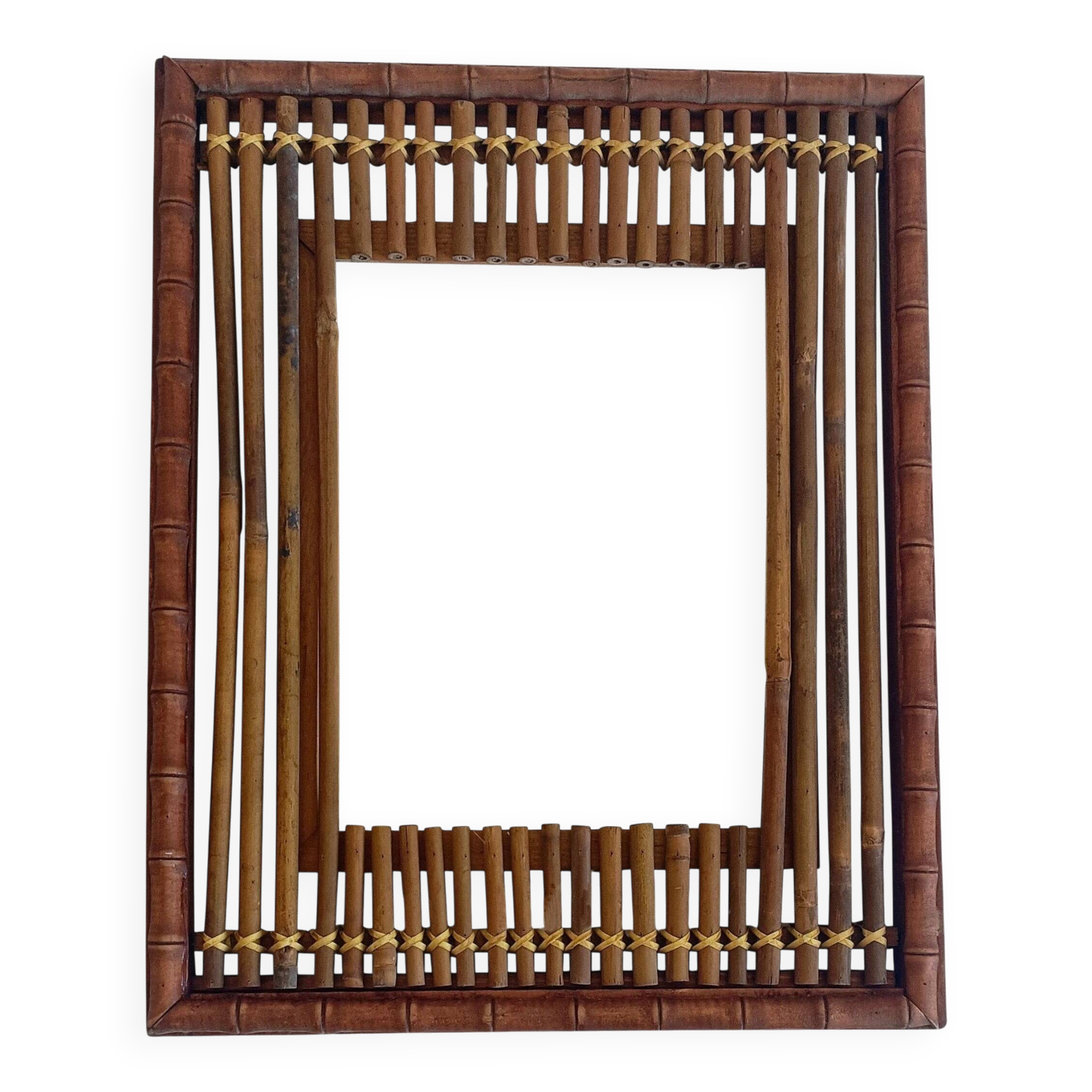 Antique French Art Deco Bamboo and Wood Wall Mirror, Early 20th Century