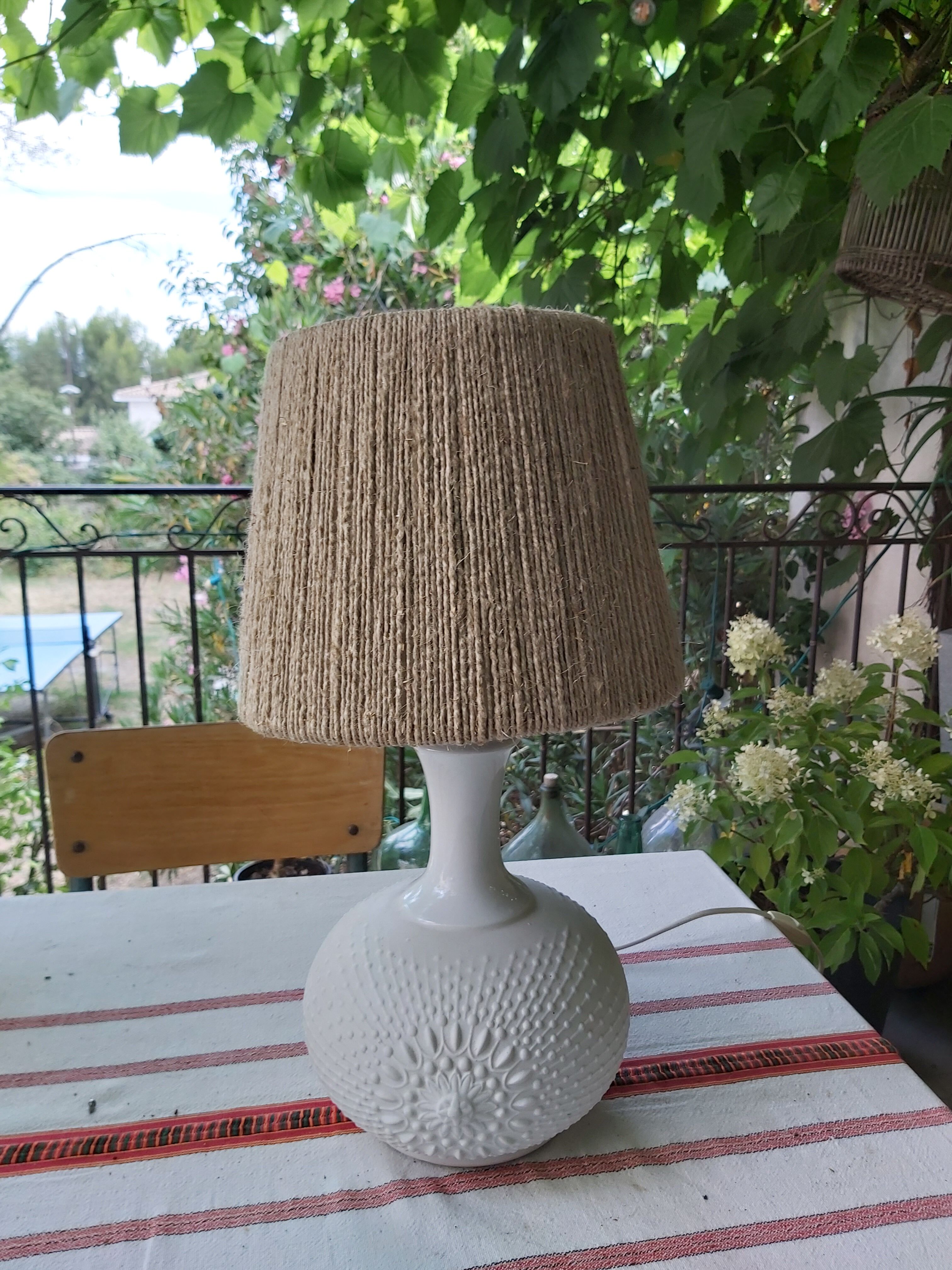 Vintage frosted glass lamp and rope lampshade