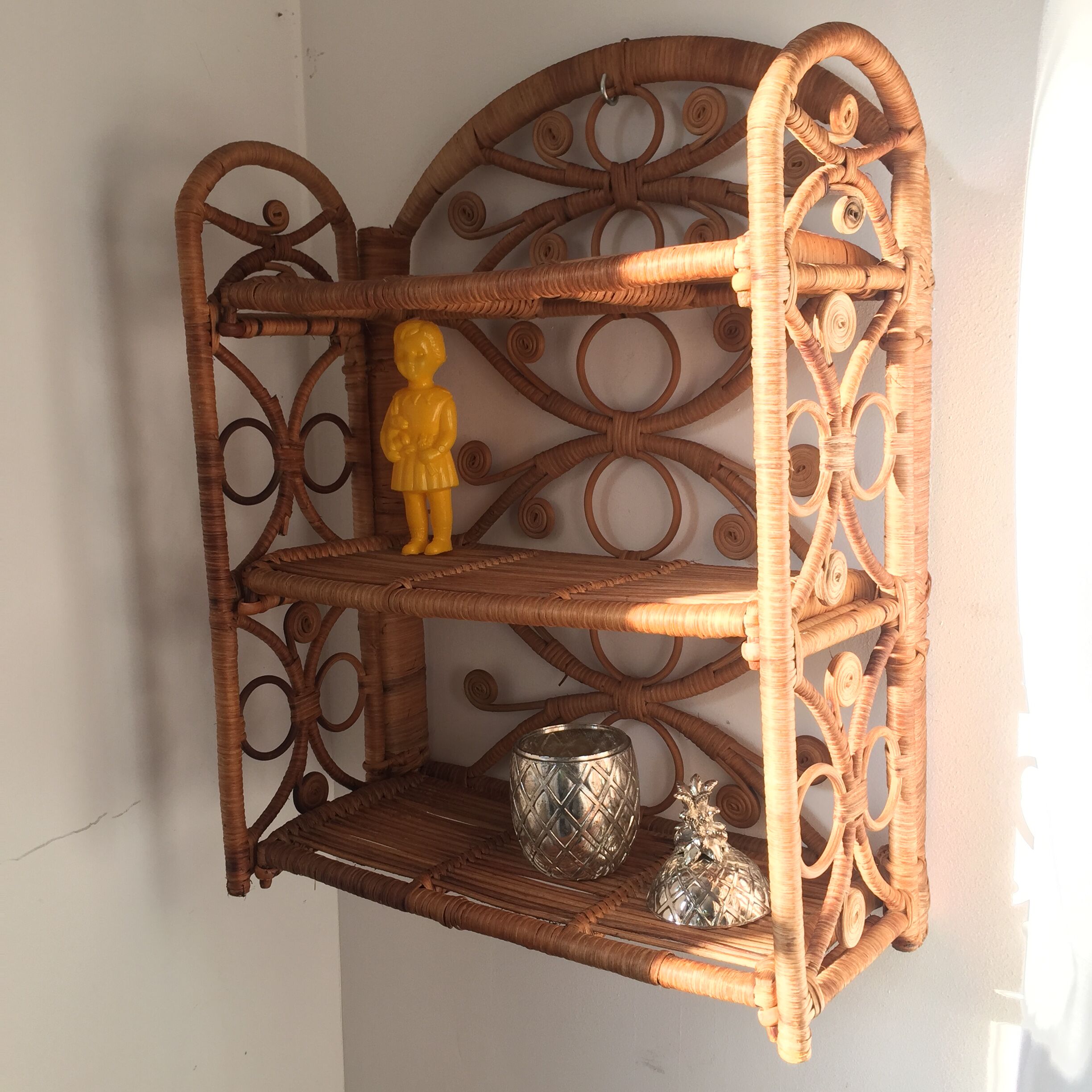 Vintage peacock rattan shelf
