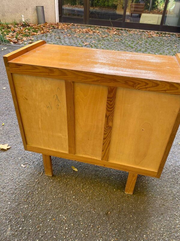 Commode scandinave en chêne et rotin des années 60