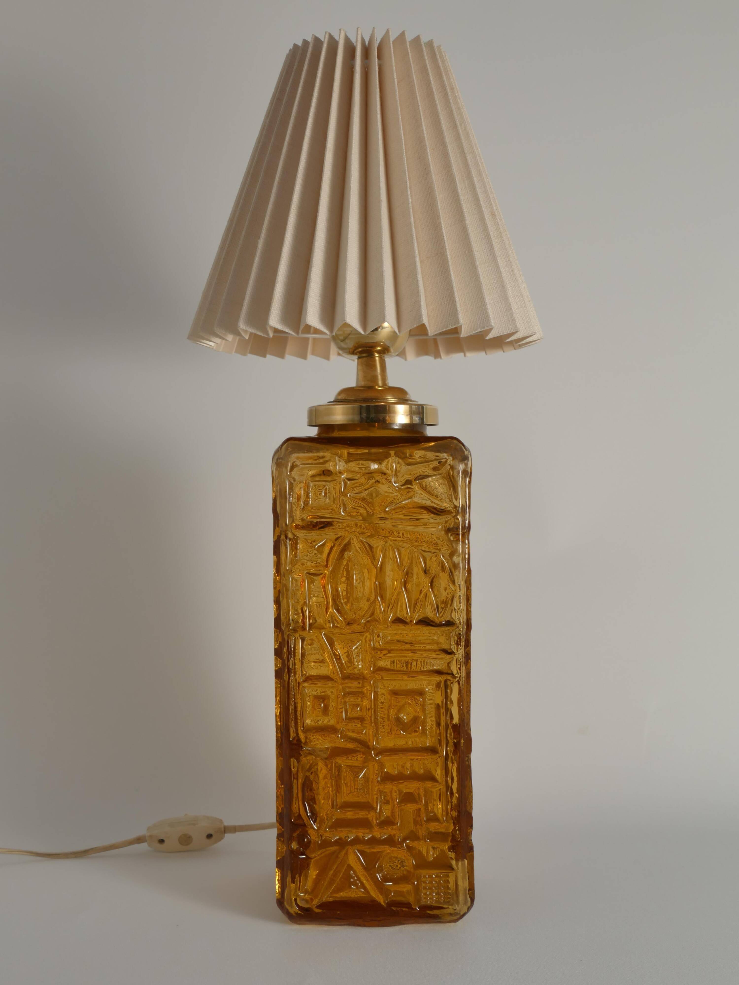 Large Amber Glass Table Lamp by Gustav Leek for Orrefors, 1960s