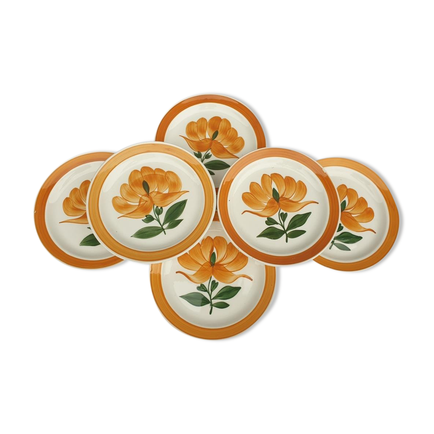 Set 6 plates Gien orange flower 1970 hand-painted decoration