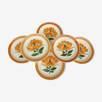 Set 6 plates Gien orange flower 1970 hand-painted decoration