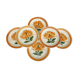 Set 6 plates Gien orange flower 1970 hand-painted decoration
