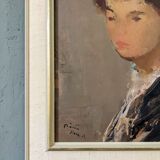 Mid-Century Modern Swedish Oil Painting "Auburn Hair" Vintage Portrait, Framed