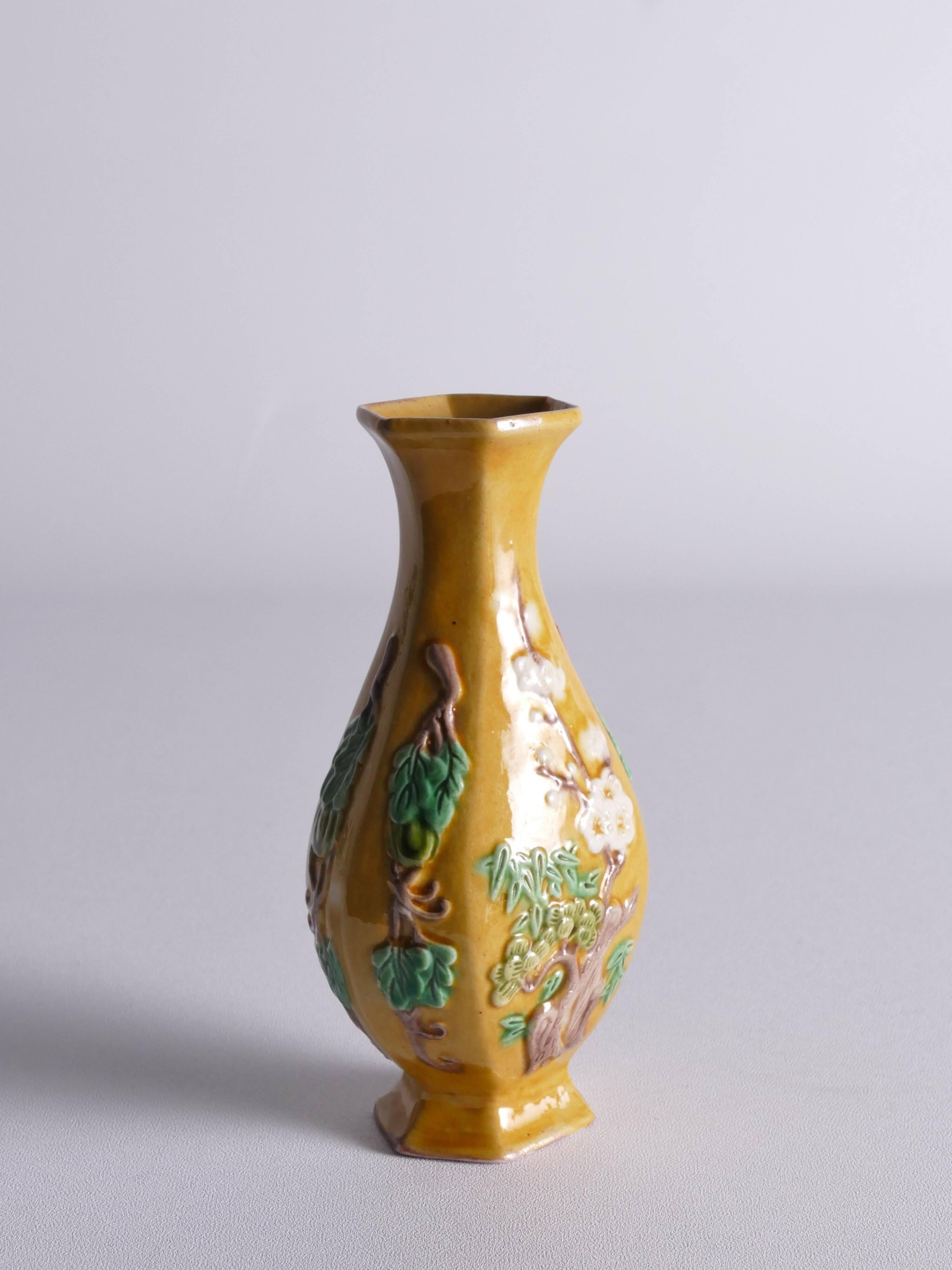 Chinese Yellow Glazed Hexagonal Relief Porcelain Vase with Prunus Motif