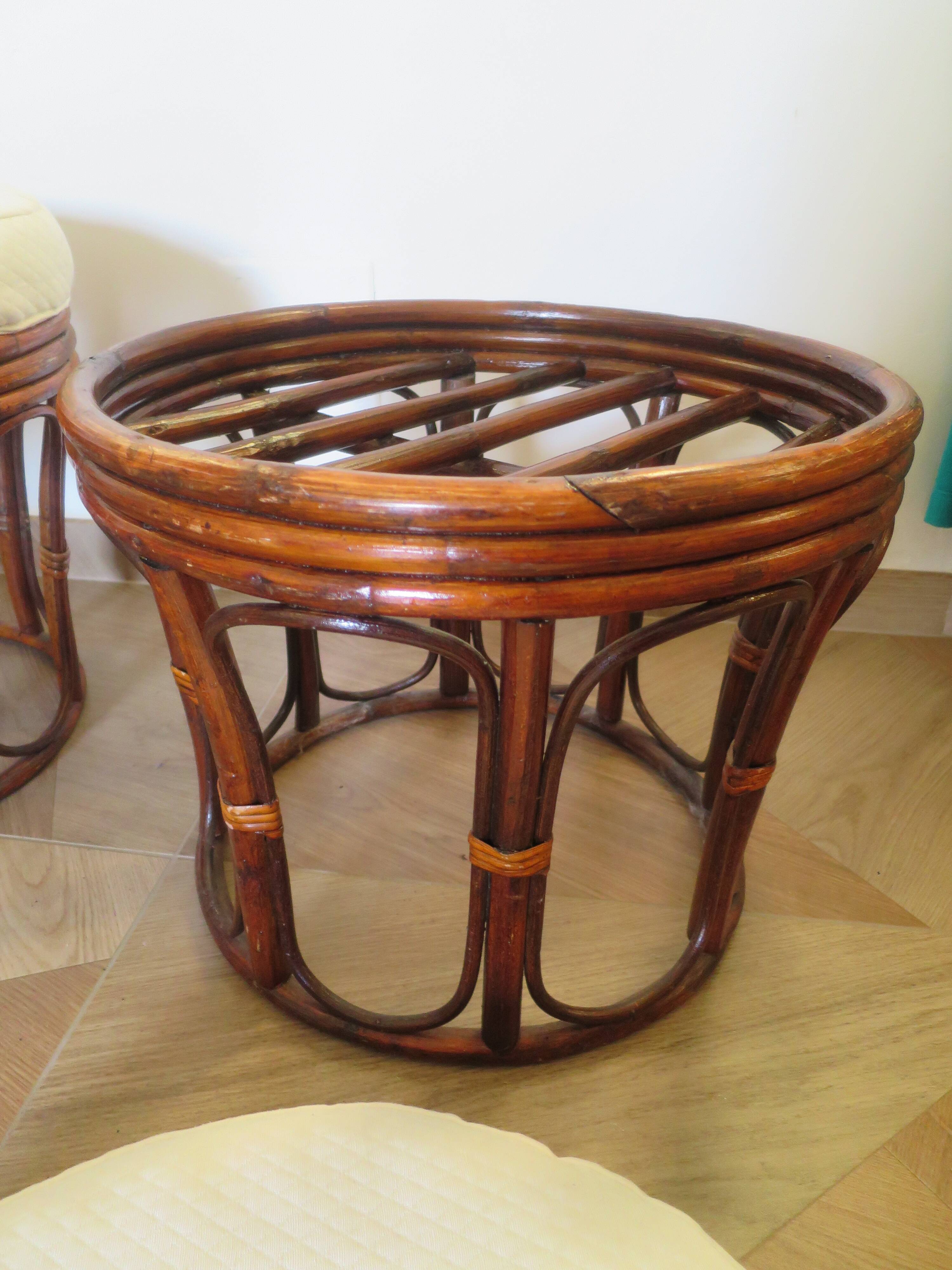 Pretty pair of 2 bamboo and rattan stools with cushions - 80s - Vintage - set of 2