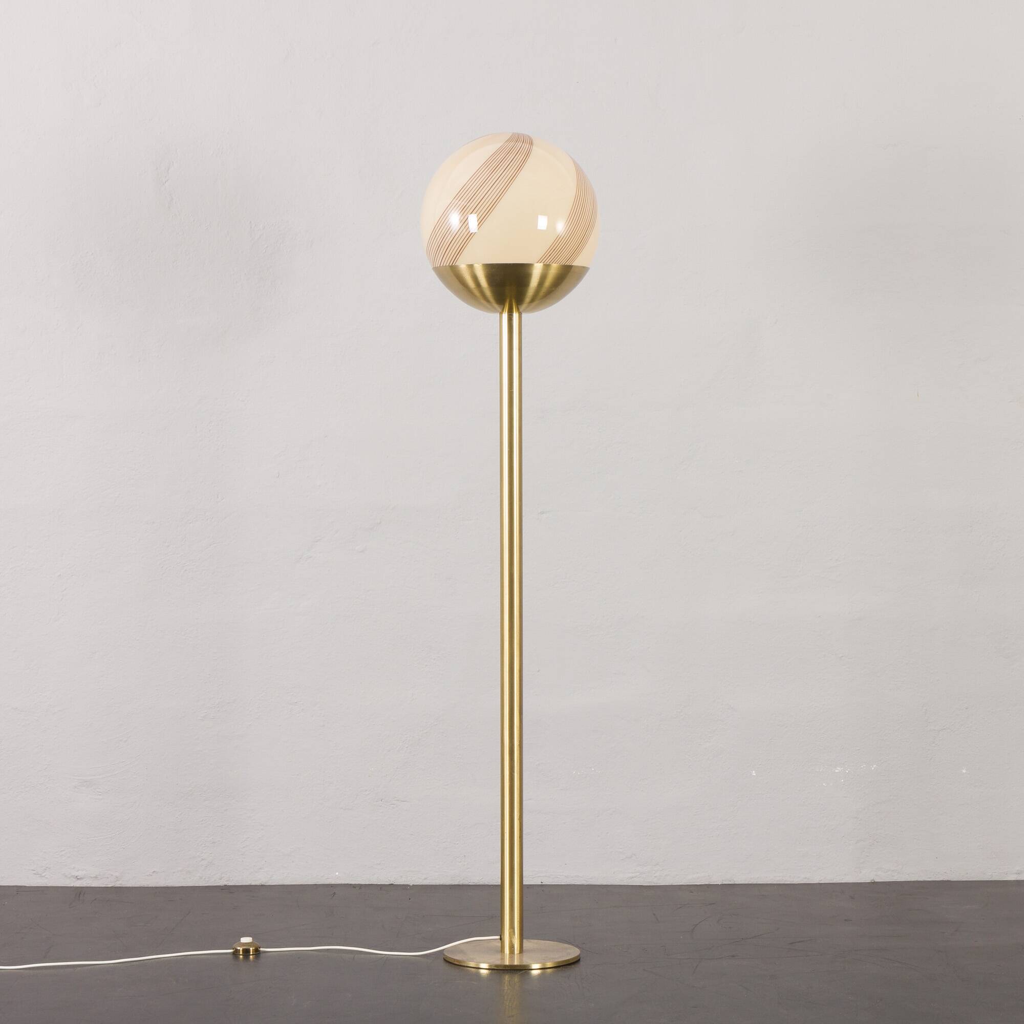 Venini Italian brass floor lamp with Murano swirl globe, Italy 1970s