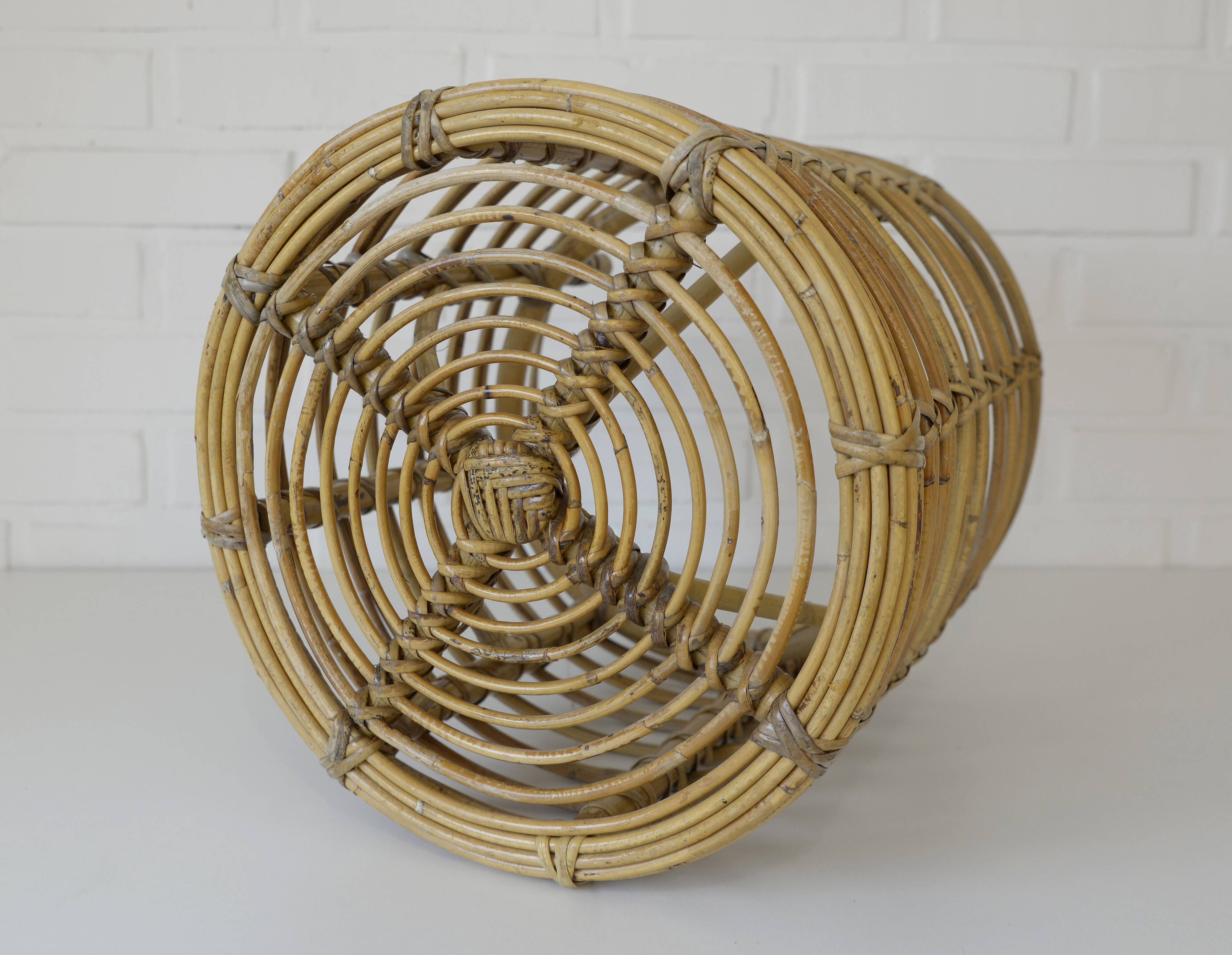 Vintage bamboo stool rattan plant stand mid-century wicker side table