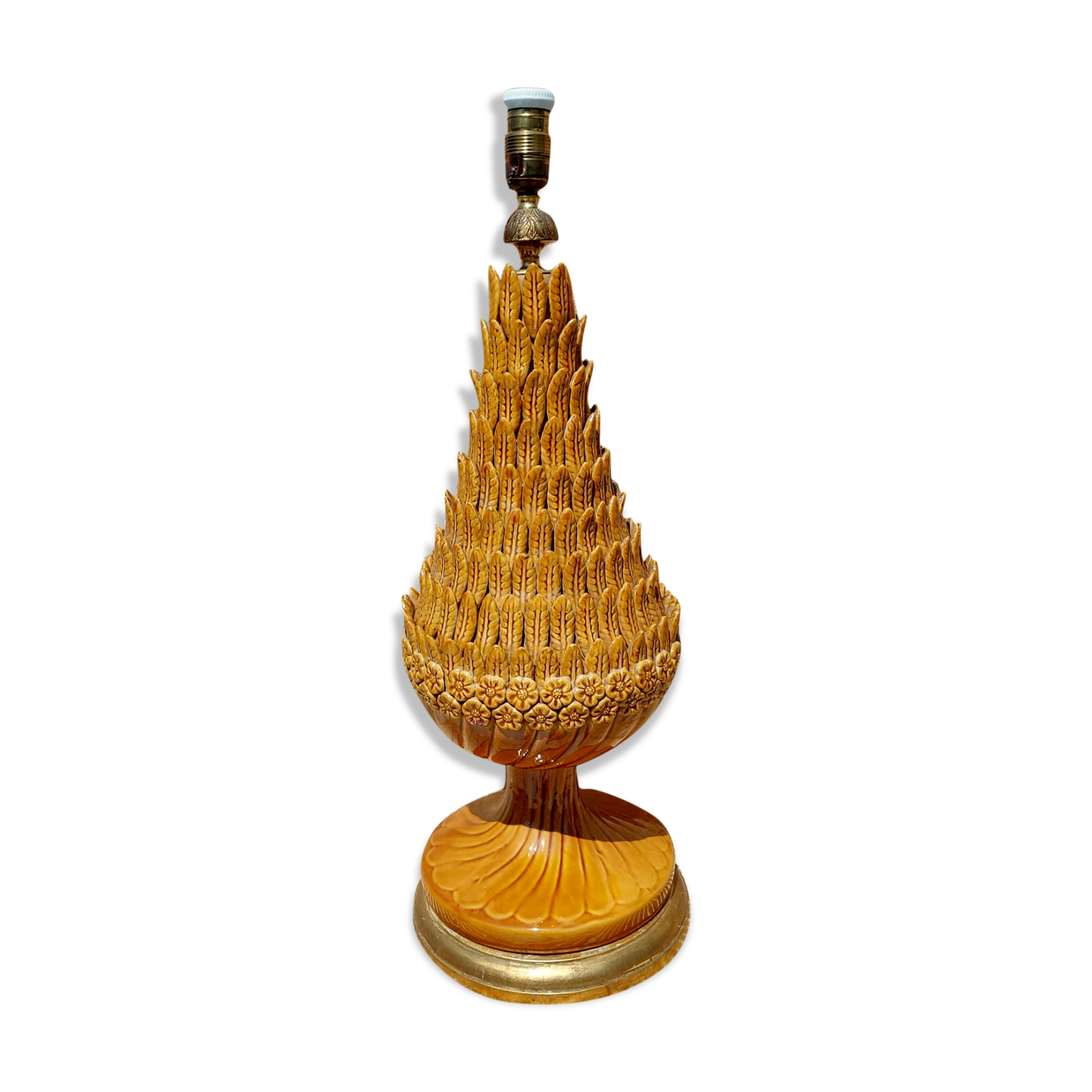 Vintage lamp in ochre enamelled ceramic, vegetable and floral décor