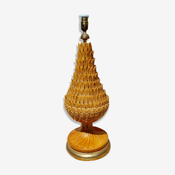 Lampe vintage en céramique émaillée ocre, décor végétal et floral