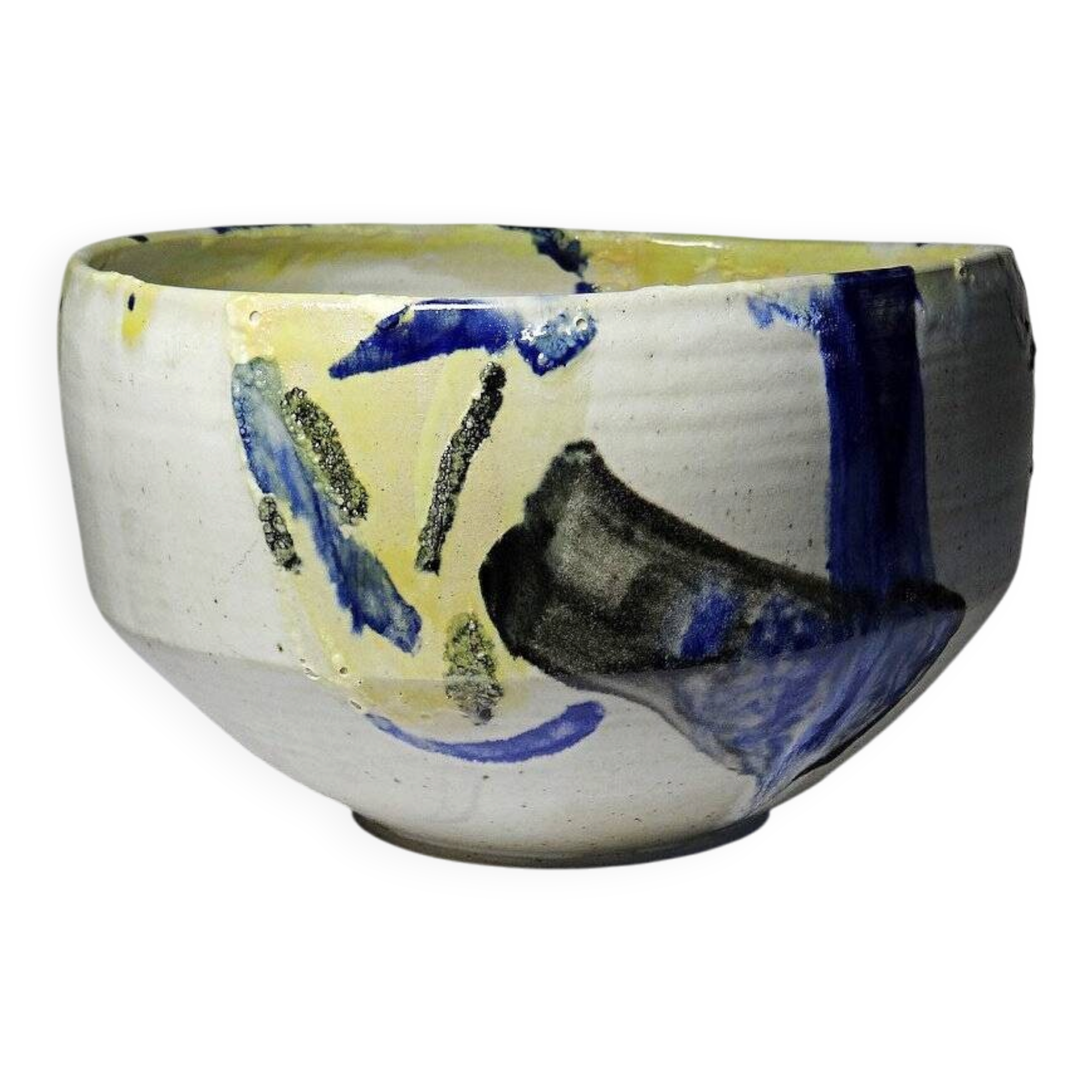 Large hand-turned stoneware salad bowl, signed, vintage from the 80s to 2000.