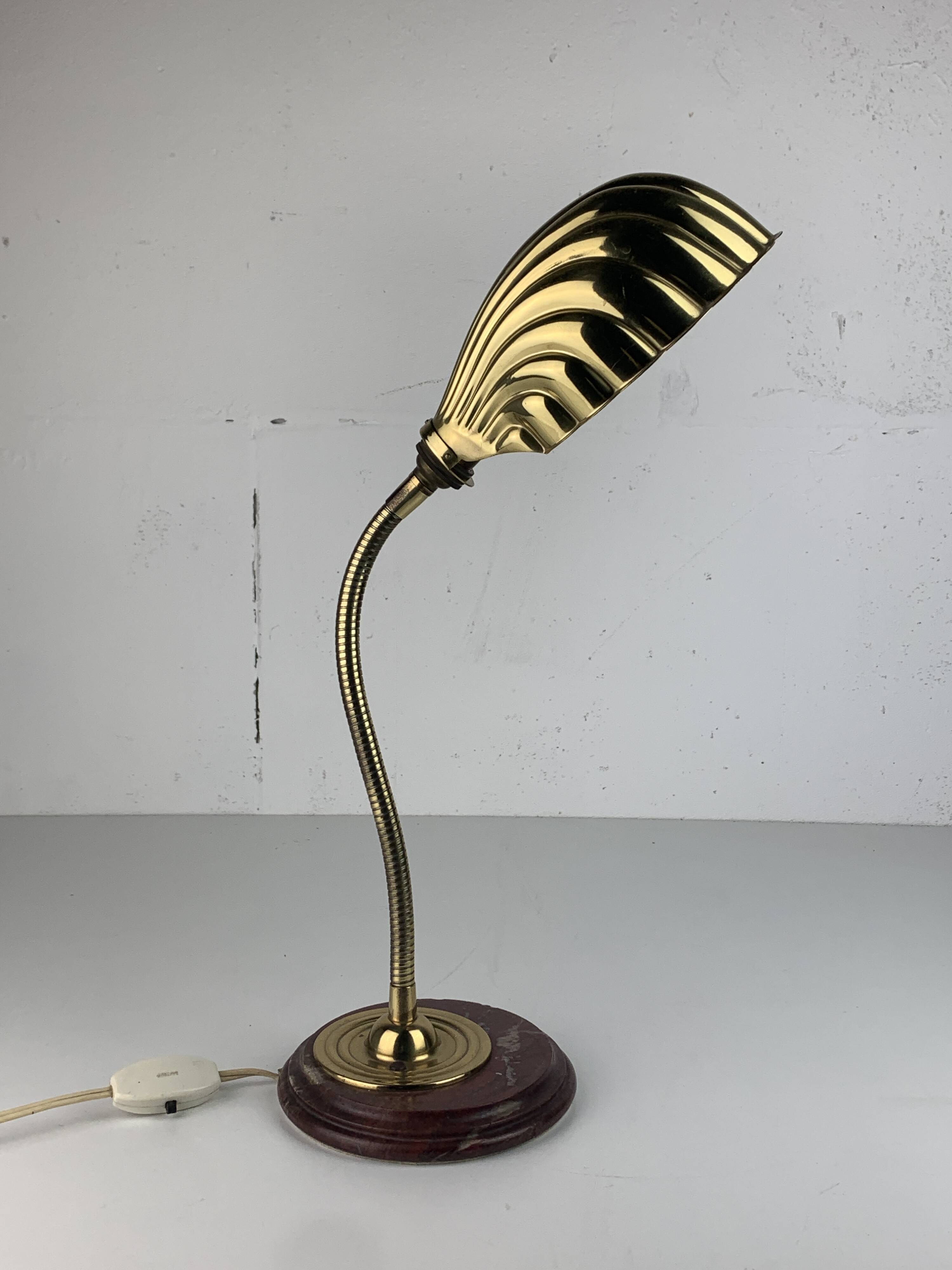 Midcentury brass gooseneck clam shell desk lamp