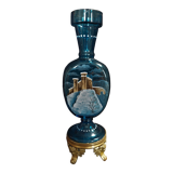 Mary Gregory enamelled glass vase snow decoration on art nouveau blue background 1900