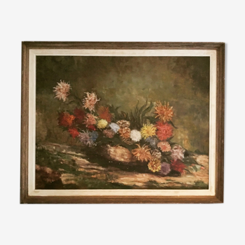 Bouquet de fleurs, huile sur toile signée moras 1966