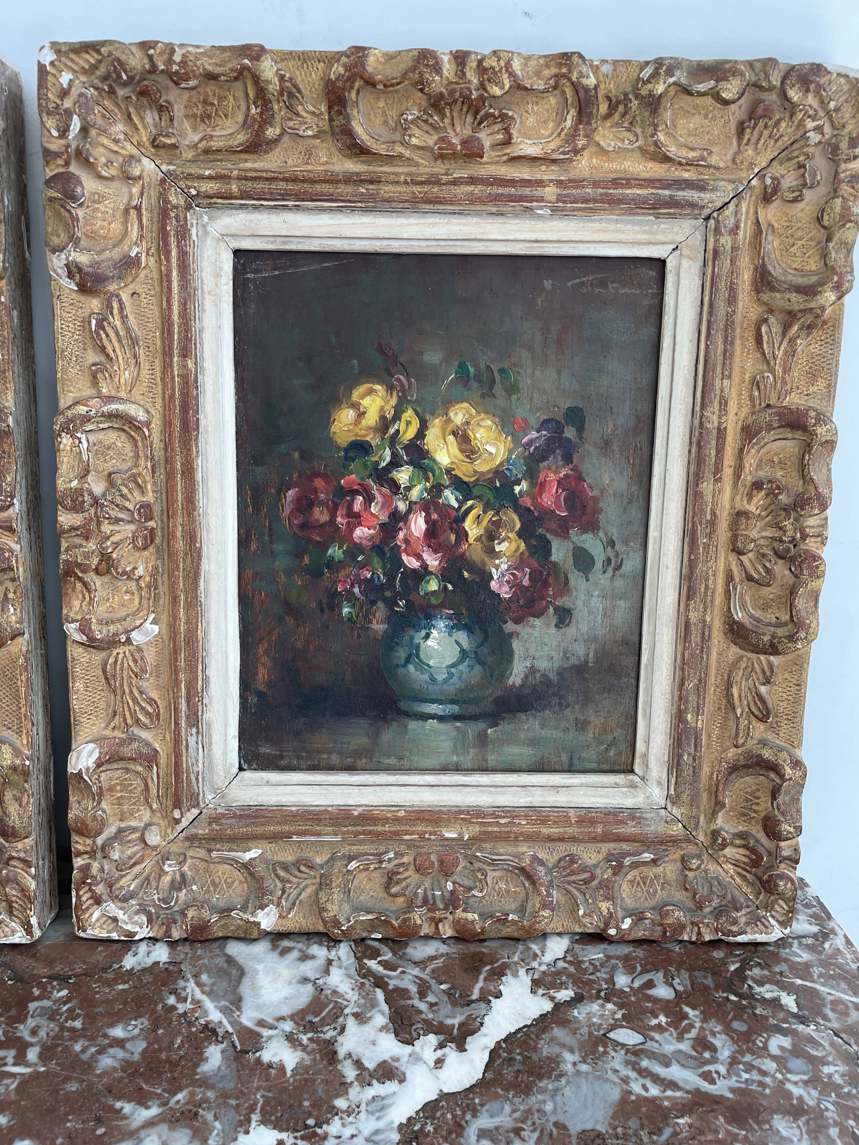Pair, oil painting, 19th century, still life with bouquet of flowers, wooden frames, signed