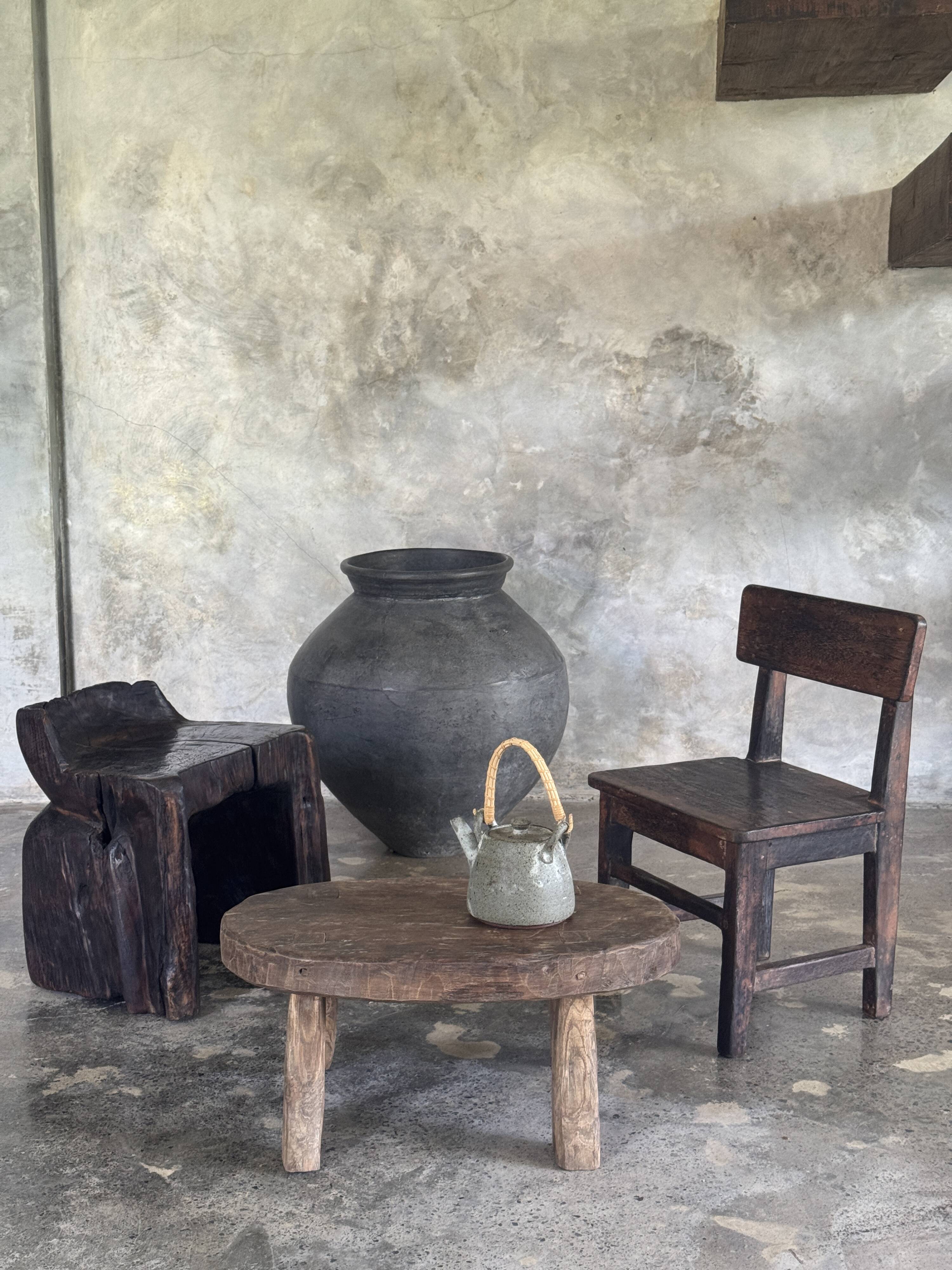 Small stool or small oval side table in solid teak wabi-sabi H24 53
