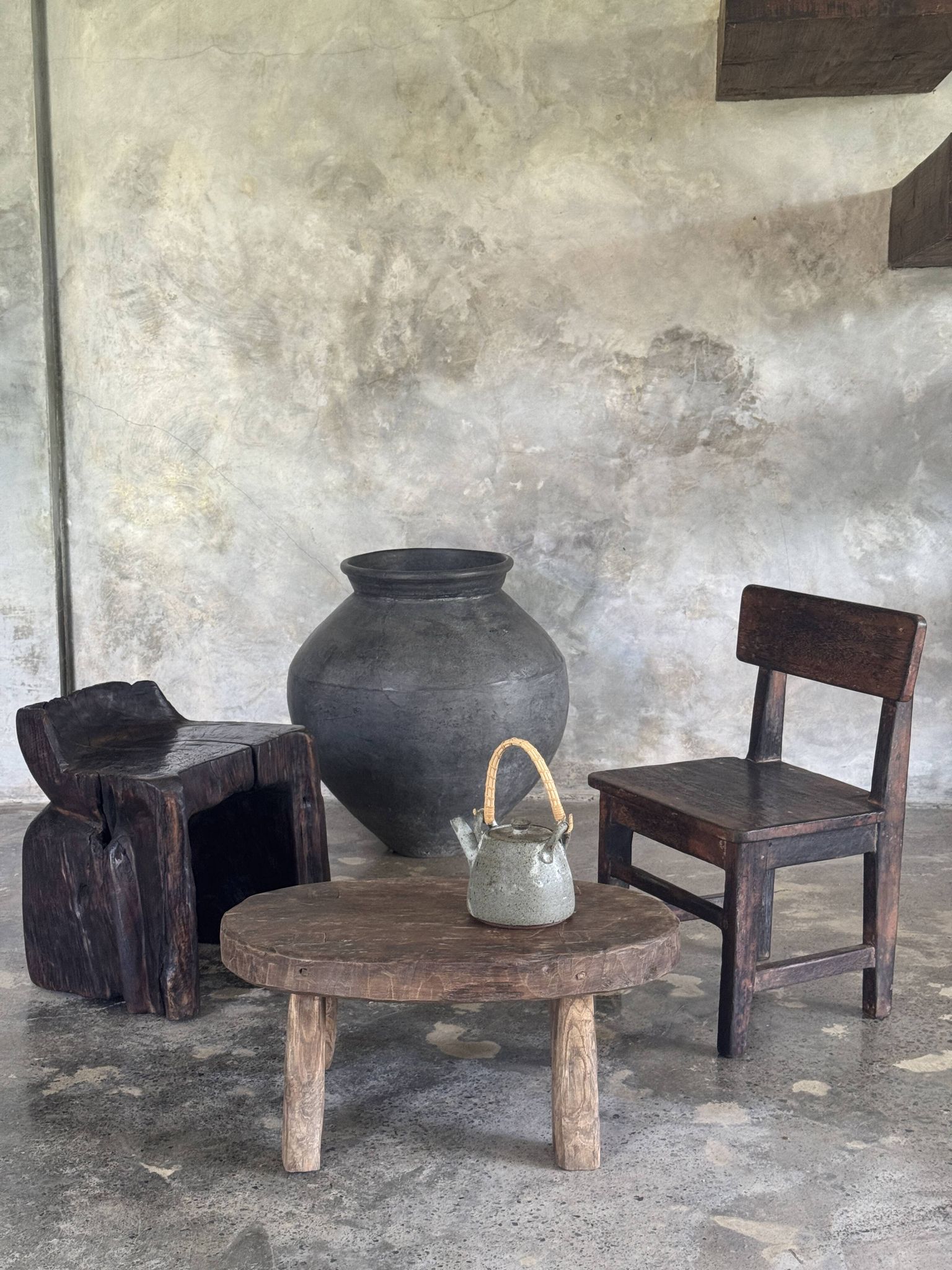 Small stool or small oval side table in solid teak wabi-sabi H24 53