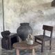 Small stool or small oval side table in solid teak wabi-sabi H24 53