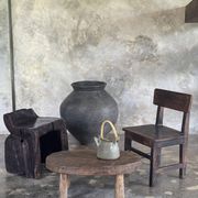 Small stool or small oval side table in solid teak wabi-sabi H24 53