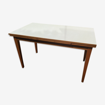 Table mi basse  pieds compas plateau formica blanc marbré - vintage 1960