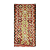 Tapis Kilim turc Yuruk vintage à décor géométrique rouge, vert et jaune