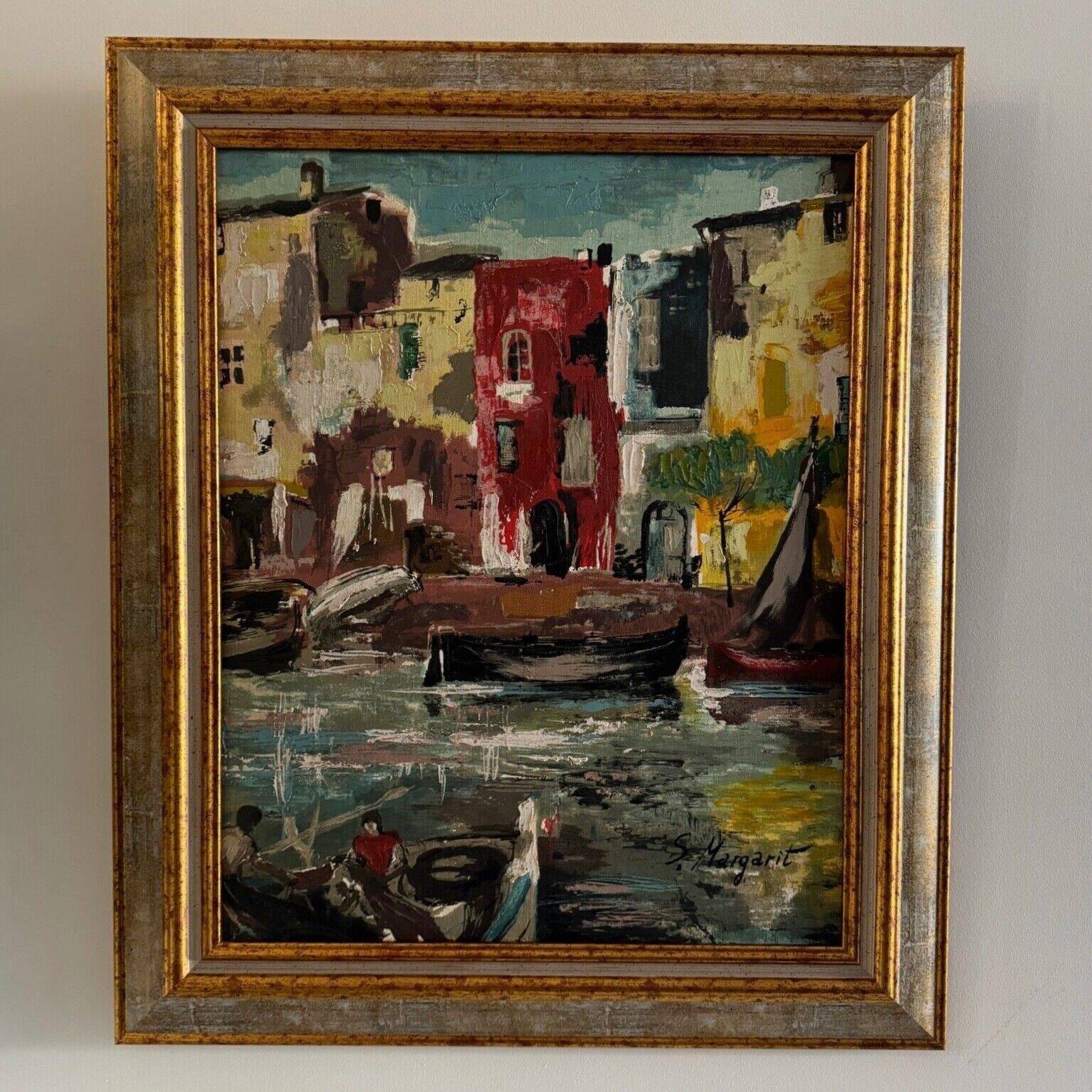 Oil on panel representing a fishing port by S. Margarit 20th century