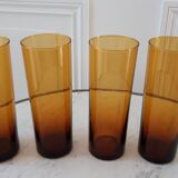 Set of 4 amber glass glasses with thick bottoms 70s