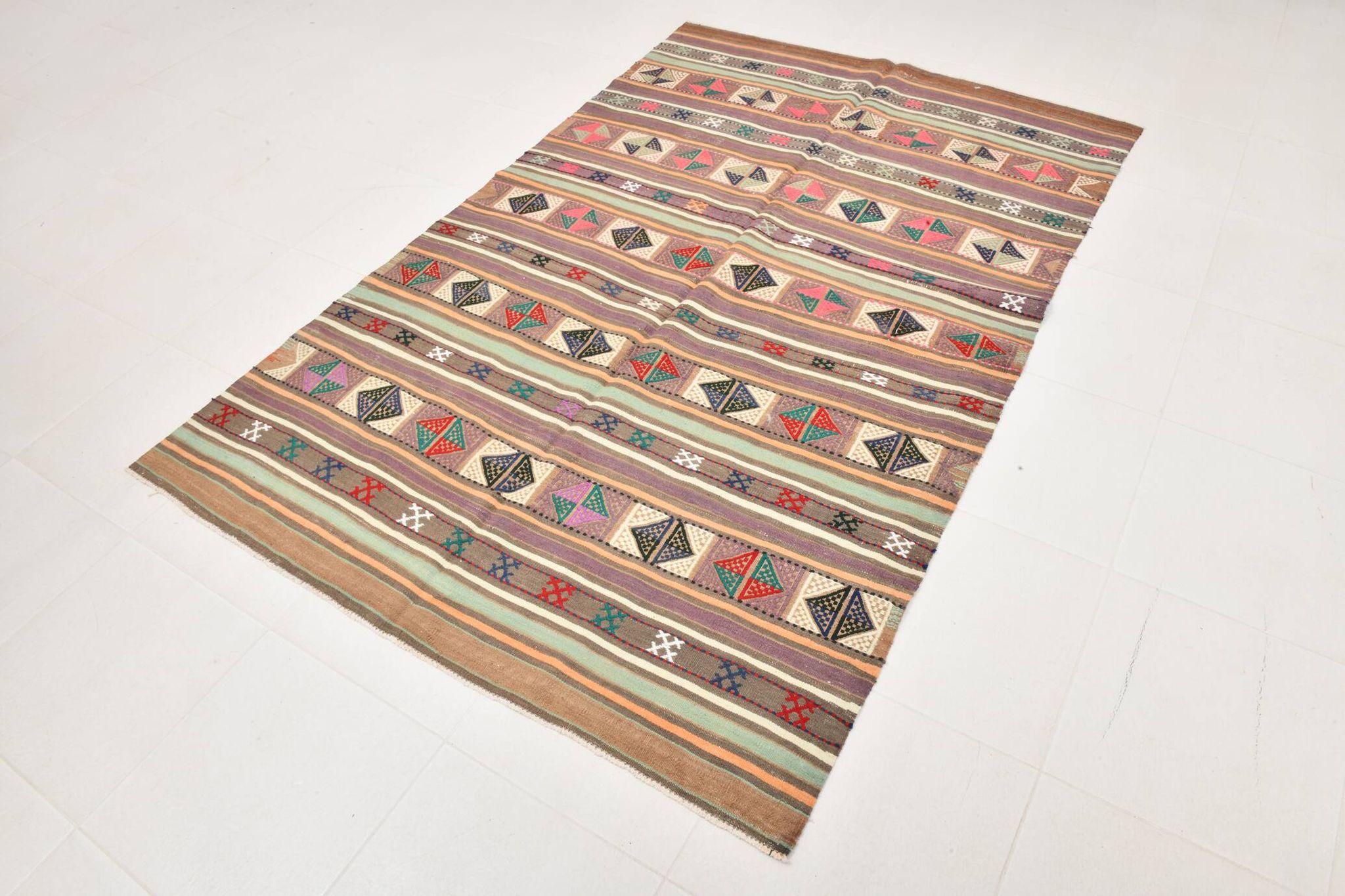 Tapis kilim vintage en laine, motifs géométriques et tons pastel,146x224 Cm