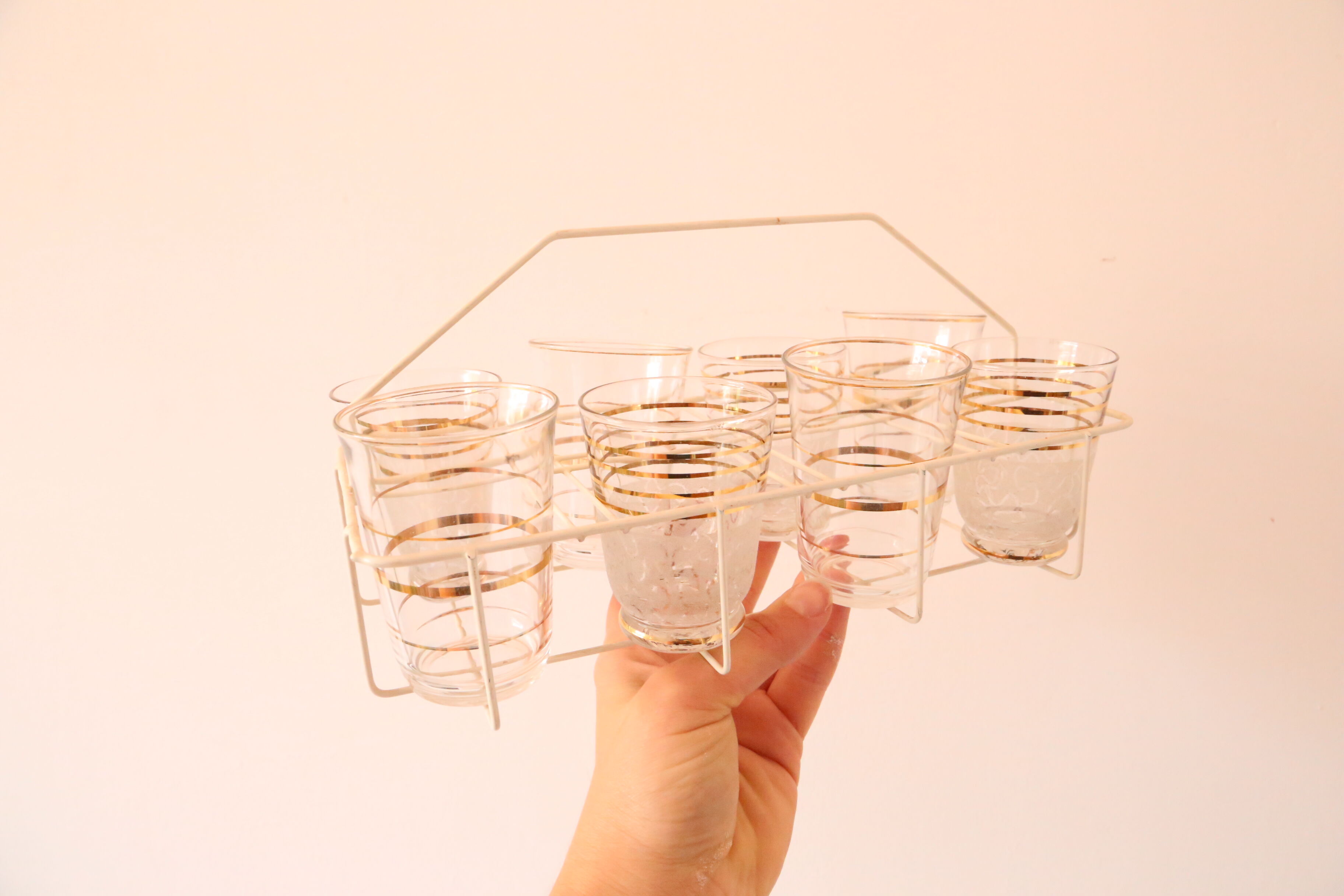Support à verre en métal et ses 8 verres, vintage, authentique, années 60