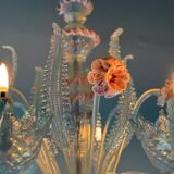 Lustre vénitien en verre de Murano bleu et rose, 8 bras de lumière, vers 19