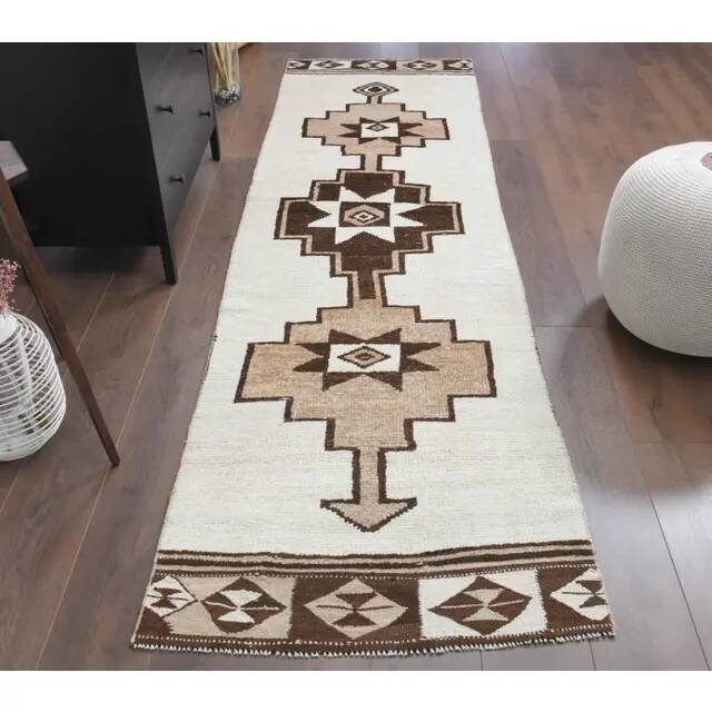 1970s Vintage Turkish Hand-Knotted Wool Cotton Beige Runner Rug 85x310