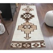 1970s Vintage Turkish Hand-Knotted Wool Cotton Beige Runner Rug 85x310