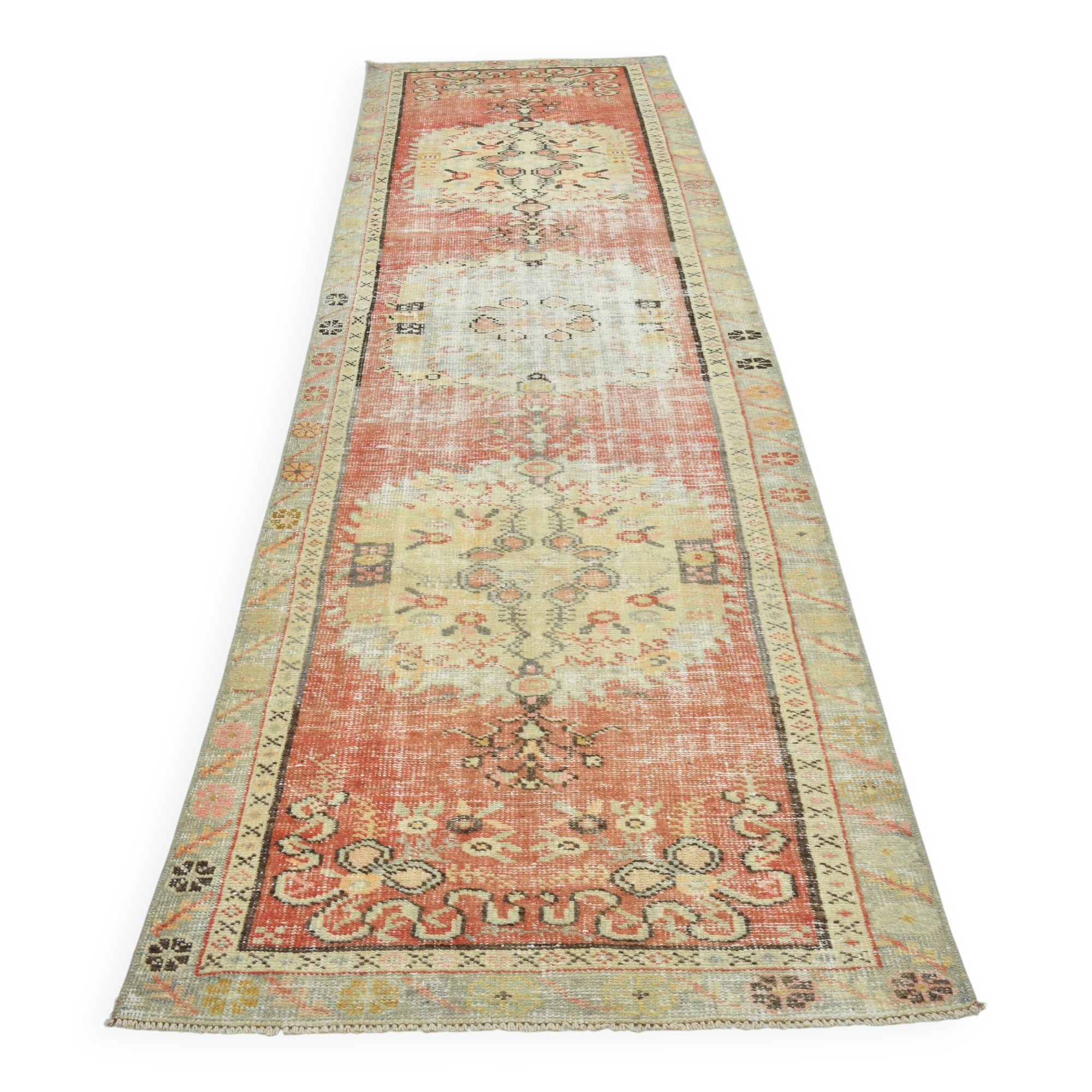 Tapis Couloir Vintage Patiné – Tons Corail, Crème & Vert Sauge, 85x352 Cm