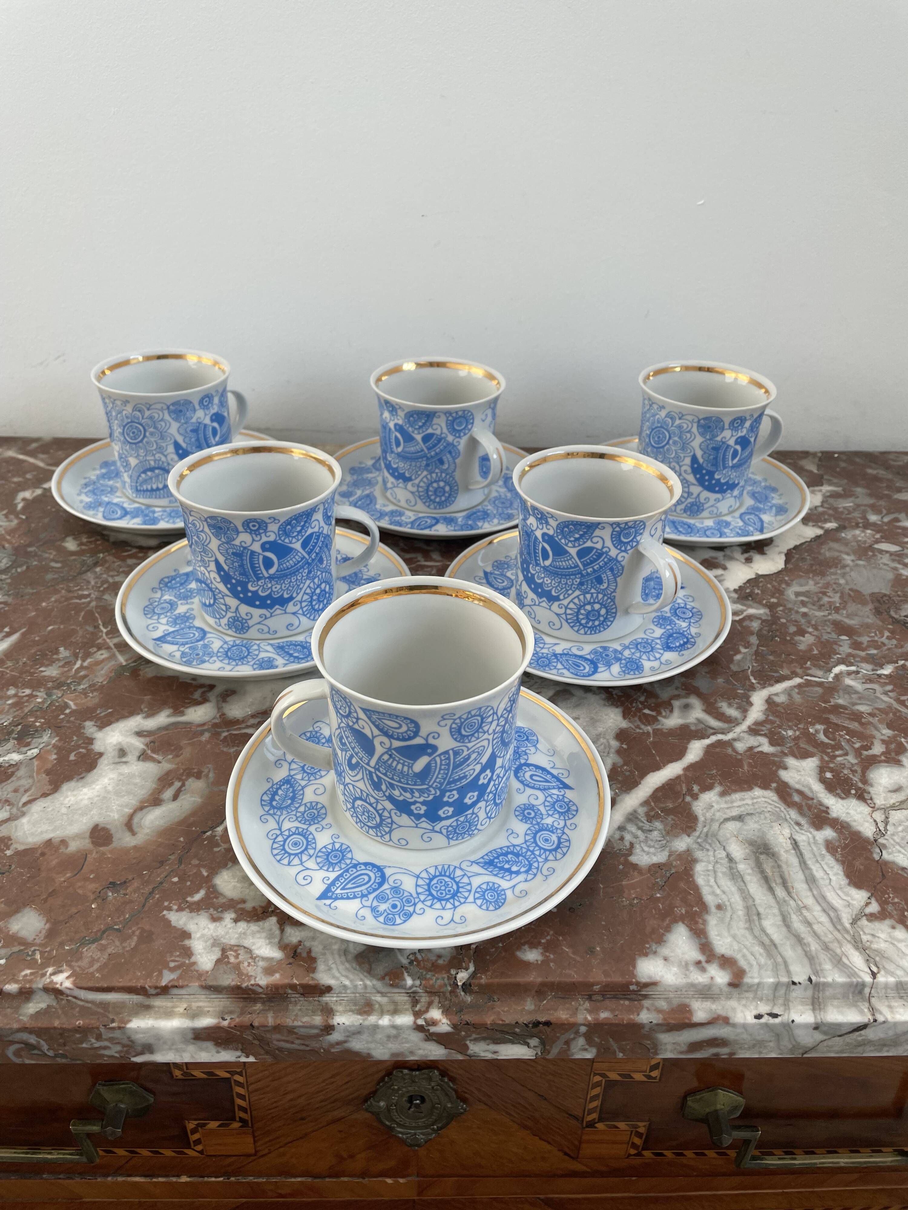 Coffee and tea set, vintage, stylized bird decor, retro, design, blue