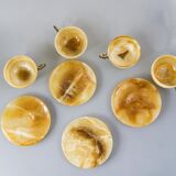 Set of 4 marble and brass espresso cups and saucers