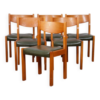 Set of 6 solid elm and leather chairs by Self, 1980.