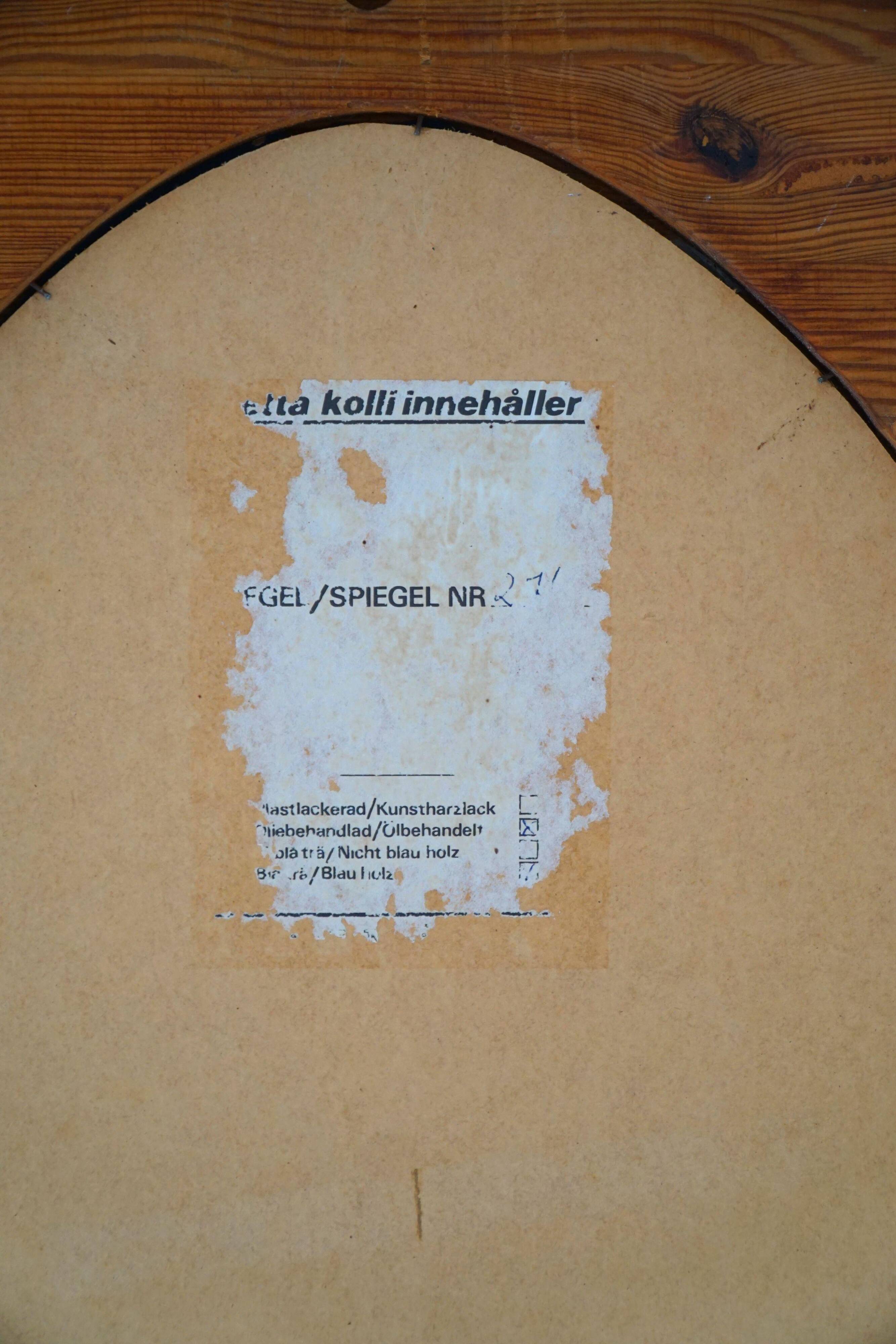 Large oval wall mirror in solid pine by Glasmäster Markaryd, Sweden, 1960s.