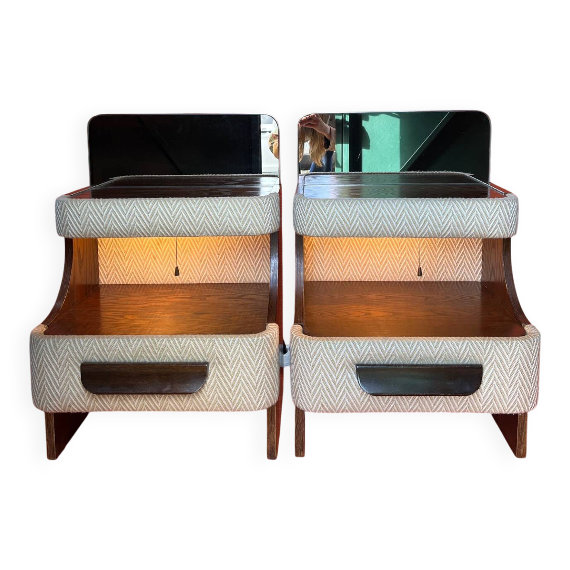SET OF 2 VINTAGE 1970S NIGHTSTANDS/SOFA ENDS IN WOOD AND FABRIC