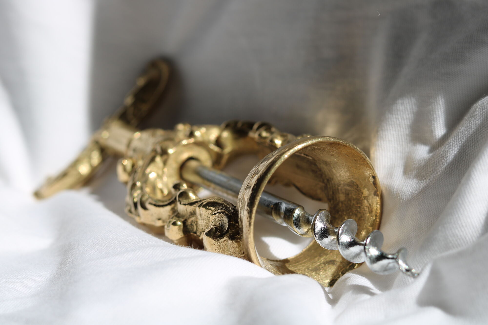 French ornate brass corkscrew wine opener